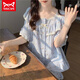 Catman Miiow Pyjamas für Frauen im Sommer 2024 Neue japanische süße Blumenwatte-Leinen Gaze kurzärmelige Shorts Thin Home Clothing Set M1283 Blau L [100-120jin [Jin gleich 0,5 kg] tragen]