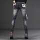 
Autumn and winter new black and gray personality irregular splicing motorcycle jeans men's slim feet fashionable casual trousers LS-9435 black size 28 sizes waist circumference 2 feet 1 90-110Jin [Jin equals 0.5 kg]
