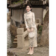 Du Yanzhi's new winter style, thickened and furred, long eight-button side cheongsam, landscape painting Chinese style stand-collar long cheongsam, beige color (velvet style, softer) plus velvet M (160) 95-105Jin Jin is equal to 0.5 kg
