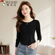 Woodpecker long-sleeved T-shirt bottoming shirt for women spring and autumn right shoulder round neck inner slim fit casual versatile top black L