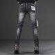 
Autumn and winter new black and gray personality irregular splicing motorcycle jeans men's slim feet fashionable casual trousers LS-9435 black size 28 sizes waist circumference 2 feet 1 90-110Jin [Jin equals 0.5 kg]