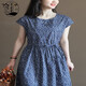 Alley Q677 Sommer reines Baumwollblumen mit Rotatorenärmel Lose Retro Japanische Taillenlänge für Frauen, dunkelblau kleines Blumenmodell-Demonstration Code