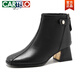 CARTELO genuine leather short boots for women in autumn and winter high-heeled leather shoes square toe mid-heeled cotton shoes 2025 new plus velvet thick heel Martin boots 36 black (plus velvet)