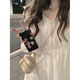 French-style long-sleeved ruffle-edged dress for women in autumn new design high waist slim long skirt light apricot color #1048 XL