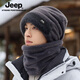 JEEP Jeep pullover hat men's 2025 new winter plus velvet warm ear protection neck and neck scarf suit men's gray hat + neck scarf