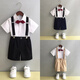 
GOKU boys' dress suit kindergarten performance suit overalls summer host children's suit graduation suit flower girl black pants + shirt + strap + bow tie 130 recommended weight 43-50 Jin [Jin equals 0.5 kg]