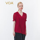 VOA Seiden Georgette V-Neck Puffhülse schwarzes Ohr gefaltes Doppelschicht Asymmetrischer Saum lose T-Shirt BE673 Huanxi SHA-Burgund (H38) 2xl