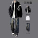 An Chuxia's baseball uniform jacket men's suit spring and autumn trendy brand handsome jacket complete set with handsome jeans three-piece jacket black + long white T + jeans blue three pieces XL recommended 120-140 Jin Jin equals 0.5 kg