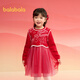 Balabala girls dress children's 2025 spring red new Chinese mesh fake two-piece New Year's greetings dress 208125111007