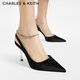 
CHARLES/KEITH bright diamond chain wristband pointed toe high heel sandals girls birthday gifts for girlfriend CK1-60280436 BLACK TEXTURED black texture 38