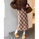 Hao'e retro woolen plaid skirt for women autumn and winter brown high waist slim pear-shaped figure long slit a-line skirt khaki M recommended 96-110Jin Jin equals 0.5 kg