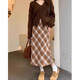Hao'e retro woolen plaid skirt for women autumn and winter brown high waist slim pear-shaped figure long slit a-line skirt khaki M recommended 96-110Jin Jin equals 0.5 kg