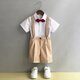 
GOKU boys' dress suit kindergarten performance suit overalls summer host children's suit graduation suit flower girl black pants + shirt + strap + bow tie 130 recommended weight 43-50 Jin [Jin equals 0.5 kg]