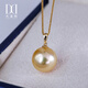Tahiti 18K gold seawater pearl pendant, round strong light South Sea gold bead necklace, grade A/gold beads 12-13mm +925 silver chain