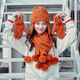 Kwoz hat scarf gloves three-piece set for female winter student cute Korean style trendy plus velvet warm birthday Christmas gift caramel color (gift bag)
