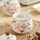 Duomeiran kitchen high-end seasoning jar ceramic salt jar chili jar household seasoning box seasoning bottle jar seasoning combination set Sakura three-piece set + ceramic plate