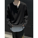 Jufeng fake two-piece Henry collar long-sleeved T-shirt men's 2025 autumn and winter new heavyweight inner layering shirt loose top gray - V-neck double-breasted XL