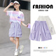 Nickybaby Girls Sport Shorts Sommer 2025 Neue Kinder fünf Punkte Hose Dünner Sommer mittelpants Mädchen große Kinder Arbeitshosen 9922 Weiß + 18442 Lila 160 cm