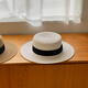 Nanbomaru French flat-top straw hat for women, summer sun protection, seaside vacation beach hat, new flat-brimmed straw woven hat, white, adjustable (5560cm)