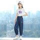 Nickybaby Moskito-vorsichtige Hosen Mädchen Sommerhosen Denim Lose Kinder Sommer Eis Seidenhose Freizeit große Kinder Mädchen Sommeranzug 5788 Dunkelblau + 9852 Ablauf [Set] 170
