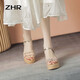 Sandales de coin zhr pour les femmes Summer Real Cow Hide Sole Sole pour femmes Chaussures à la mode à la ceinture mince et à talons hauts pour femmes AY92 Champagne 37