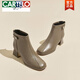 CARTELO genuine leather short boots for women in autumn and winter high-heeled leather shoes square toe mid-heeled cotton shoes 2025 new plus velvet thick heel Martin boots 36 black (plus velvet)