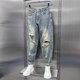 Trendy Männer zerrissene Jeans Herren Sommer dünner vielseitiger, schlanker gerade neun-Punkte-Casos-Hosen Trendige hübsche Marke Harem Pants Blue 36