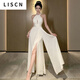LISCN French halter neck slit satin backless sexy fashionable dress light luxury party birthday party evening dress white S