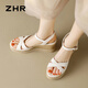 
ZHR head layer cowhide sandals for women thick sole wedge shoes for vacation cross straps for women S169 beige 36