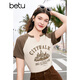 Betu women's summer new T-shirt American retro printed raglan contrast short-sleeved T-shirt for women 2404T10 apricot XS