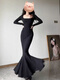 Pingyu Bubu Shenglian square neck long-sleeved fishtail arm-wrapped dress for women, autumn temperament, slim waist, slimming and sexy long skirt, black L