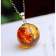 Extravagant 18k gold inlaid with natural flower amber 14mm round bead pendant for women amber transfer beads small ball versatile necklace clavicle chain
