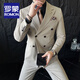 罗蒙（ROMON）高档定制双排扣条纹西服套装男士新郎结婚礼服商务休闲修身西装男 藏青西服+马甲+衬衫+西裤 XL 码(贈+胸针+口袋巾)
