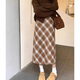 Hao'e retro woolen plaid skirt for women autumn and winter brown high waist slim pear-shaped figure long slit a-line skirt khaki M recommended 96-110Jin Jin equals 0.5 kg