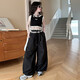 Mädchen im koreanischen Stil trendy und cooler Sommeranzug 2025 Neue Big Children's American Lace Work Clothes Wide-Bein Hosen Trendy Anzug [VL + Hosen] Kaufen Sie den Anzug erschwinglicher 140