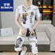 ROMON 2025 new personalized elephant printed short-sleeved T-shirt sports suit men's summer fashion brand casual two-piece set men's clothing 826 elephant white M