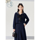 Zihan (ZIHAN) Zihan navy collar top + pleated high waist mid-length skirt for women spring college style fashion suit denim blue S