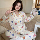 
REJIP spring and autumn cotton pajamas women ins cute cartoon lapel cardigan loose thin style can be worn outside home clothing set 9227 XL
