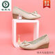 啄木鸟浅口单鞋女2025秋季真皮坡跟女鞋蝴蝶结软底黑色小皮鞋 黑色 35