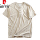 
Pierre cardin single bamboo joint cotton + linen summer men's thin breathable solid color Henry neck tough guy casual short-sleeved T-shirt beige L