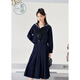 Zihan (ZIHAN) Zihan navy collar top + pleated high waist mid-length skirt for women spring college style fashion suit denim blue S