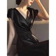 
MODX Hong Kong trendy brand formal occasion long skirt Hepburn style celebrity high-end temperament slim black short-sleeved dress black dress L