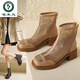 Woodpecker leather hollow Martin boots women's boots 2025 new summer thin breathable mesh boots sandals boots thick heel boots women's shoes apricot color 37