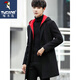 Woodpecker mid-length windbreaker men's hooded autumn and winter woolen coat coat men's Korean style trendy men's windbreaker jacket black black hat cotton style XL
