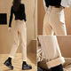 Geyun Jeans Women's 2025 Spring and Autumn New Style Wearing Straight Wide Legs Khaki Cotton Pants Plus Fleece Thickened Smoke Pants Women's Khaki One Buckle [Fleece Thickened] 13588 27 (96 to 105Jin [Jin equals 0.5 kg])