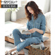 Modal Pyjamas Frauen Frühlings- und Herbststil Herbst und Winter reines Baumwoll-Langarm-Hauskleidung alle Baumwoll-Frühling und Sommer Dünner großer loser Set L6630 Lake Blue-Jacquard (Lycra Cotton) M (Empfohlen 80-100 Jin [Jin gleich 0,5 kg]))