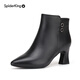 Spider King Boots Women's Autumn and Winter New Genuine Leather Thick Heel Plus Velvet Leather Shoes Pointed Toe Women's High Heel Short Boots Versatile Women's Shoes Ankle Boots Black Velvet 35
