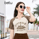 Betu women's summer new T-shirt American retro printed raglan contrast short-sleeved T-shirt for women 2404T10 apricot XS