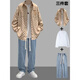 Traje de camisa a cuadros de manga larga de primavera y otoño VZVG para niños atuendo de estilo Hong Kong con jeans modernos de tres piezas un set de tres piezas [3 piezas] 684 Camisa Negra + Long T + 5080 L
