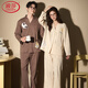 LangSha pure cotton pajamas couple wear for one man and one woman spring and autumn casual cartoon monk collar 100% cotton can be worn outside home clothes 8077 couple L female + 2XL male